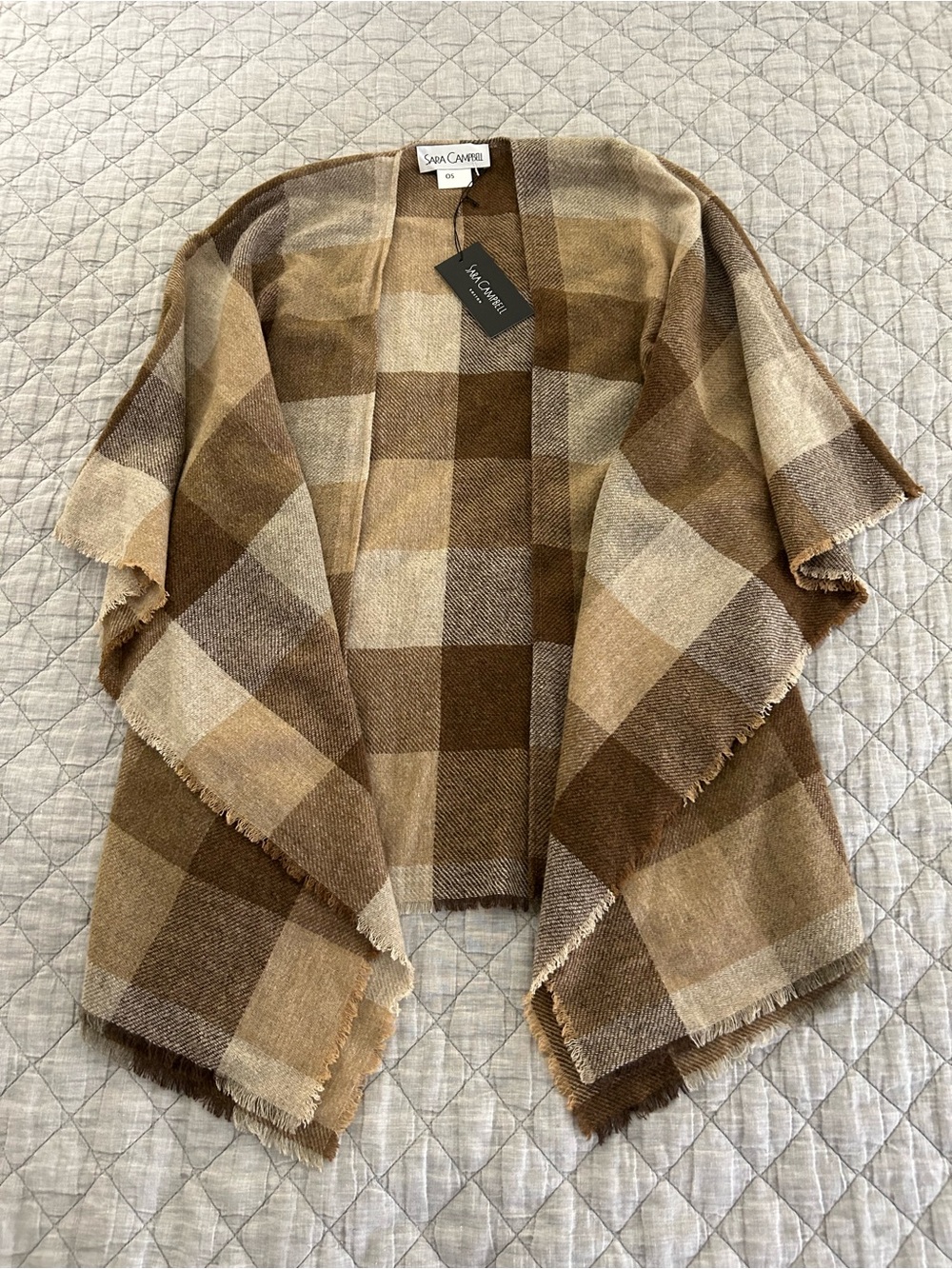 Sara Campbell Tan + Brown Plaid Virgin Wool Ruana Wrap OS NWT